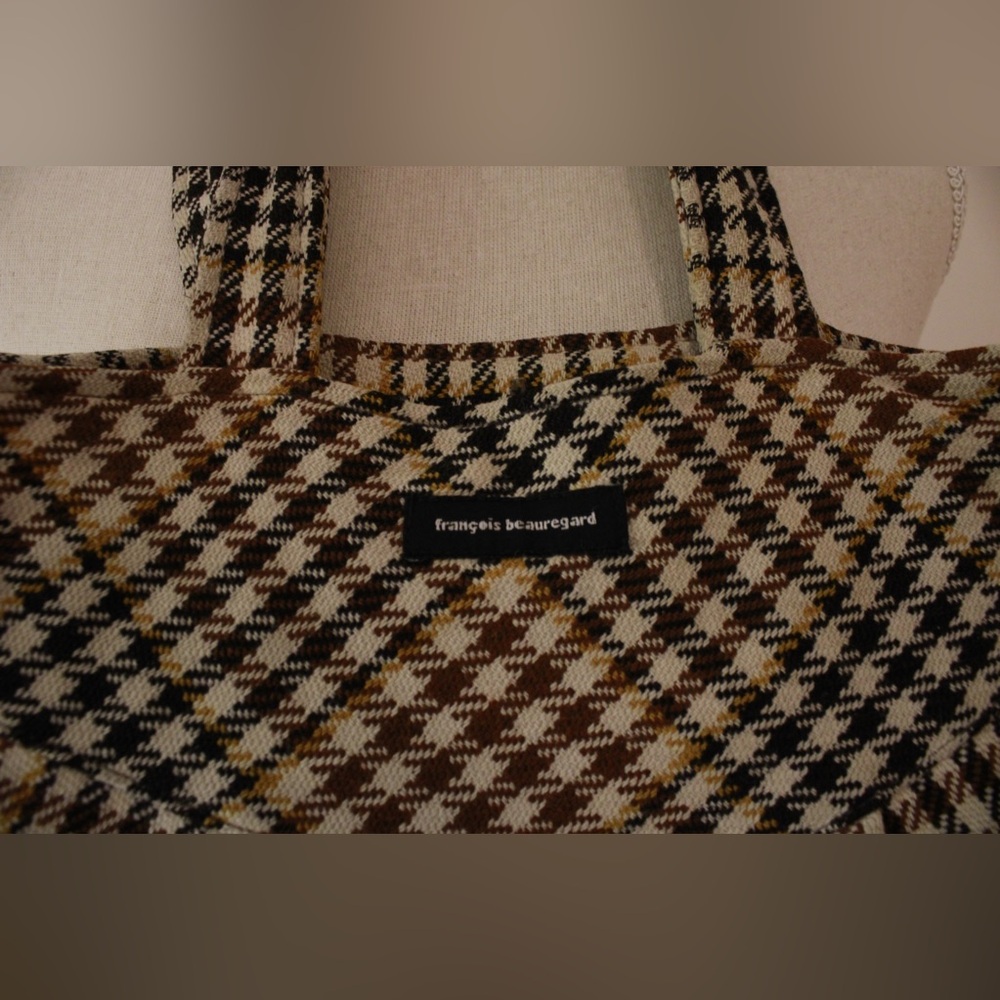 Francois Beauregard Brown Black Houndstooth Tote Handbag Boho Designer Small - Picture 8 of 16